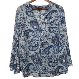 Ellen Weaver Boho Paisley Women’s Plus Size 1X Blouse Blue Peasant Career Wear